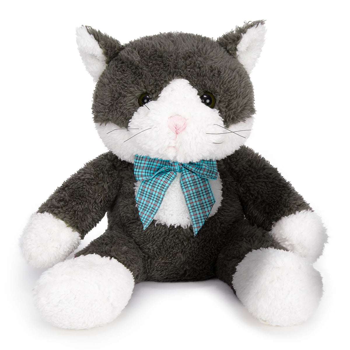 Plush cat toy with a blue bow tie on a white background