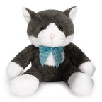 Plush cat toy with a blue bow tie on a white background
