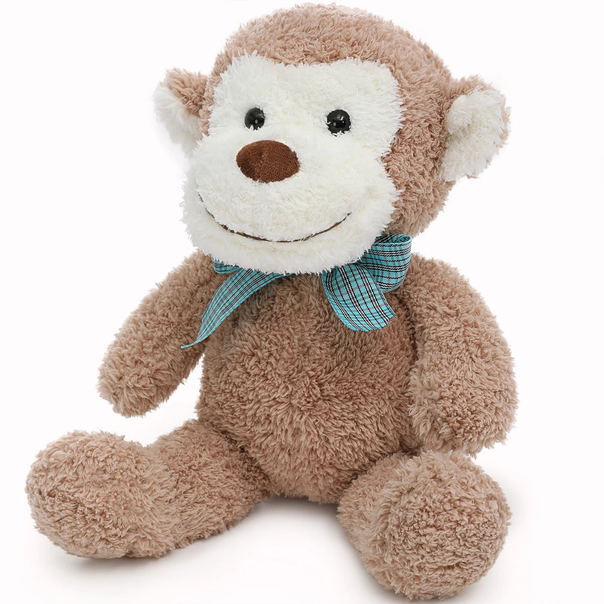 Plush monkey toy with a blue bow tie on a white background