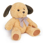 Plush dog toy with a checkered bow tie on a white background