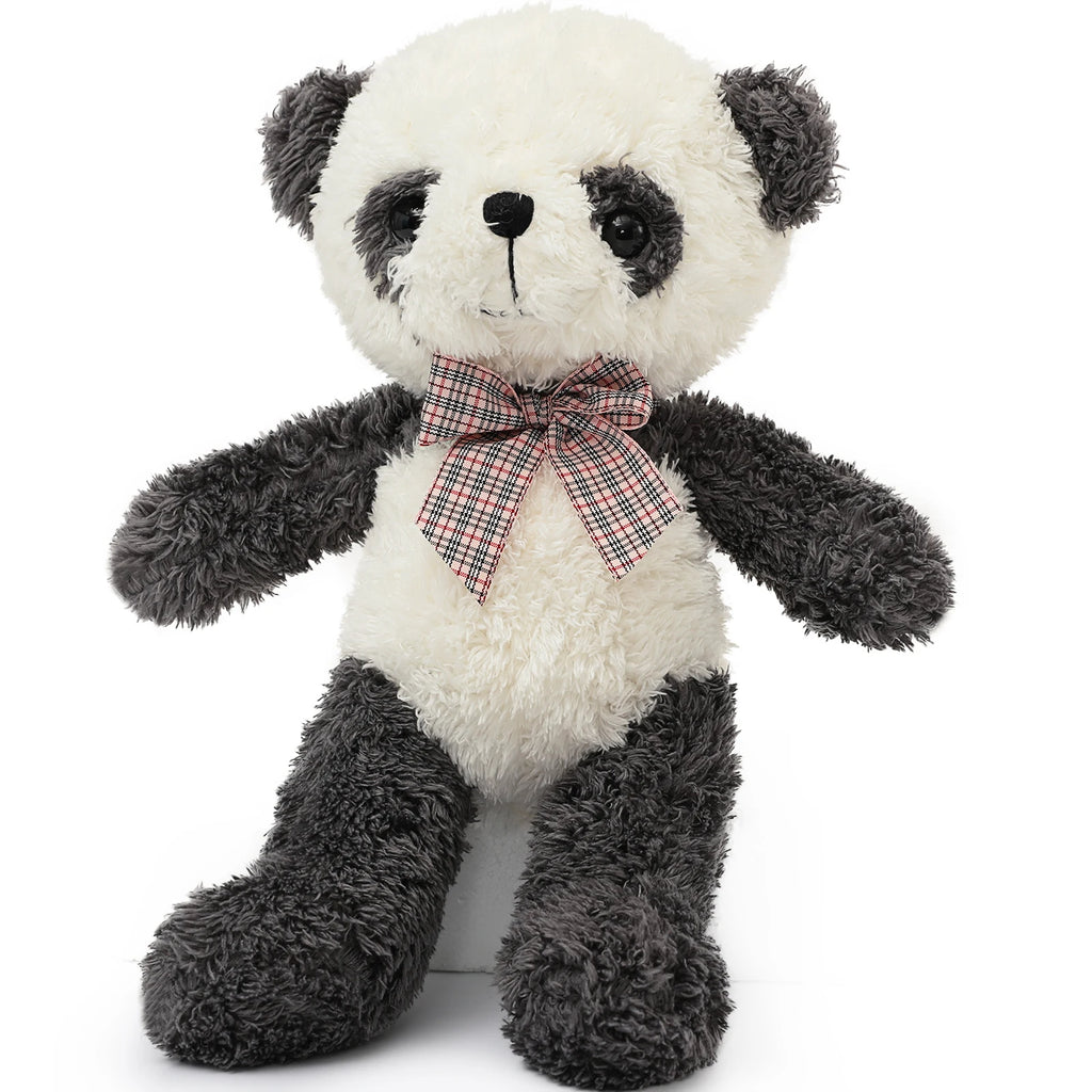 Plush panda bear with a red checkered bow tie on a white background