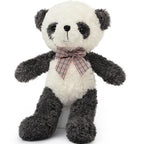 Plush panda bear with a red checkered bow tie on a white background