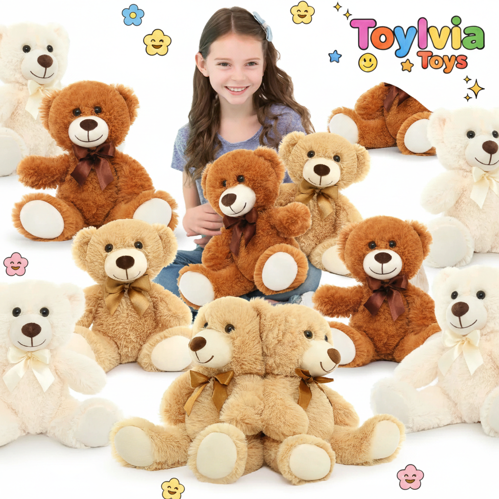 Girl surrounded by Toyliava Toys teddy bears on a white background Main image