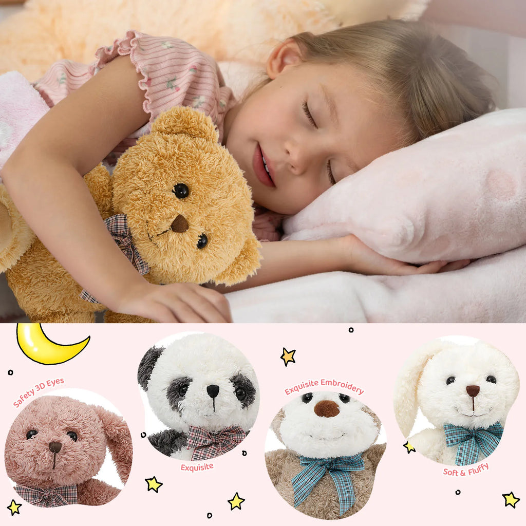 Child sleeping with a teddy bear and close-up of plush toys with embroidered details.