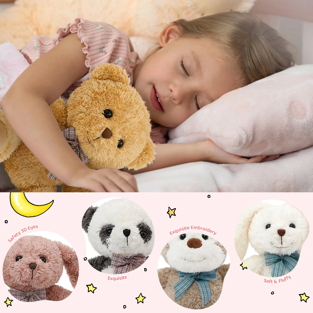 Child sleeping with a teddy bear and close-up of plush toys with embroidered details.