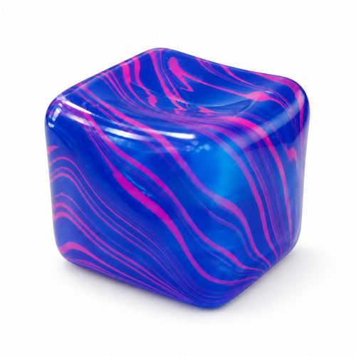 Blue and pink marble swirl squishy fidget cube standing on a corner on a white background.