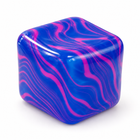 Three-quarter side view of the blue and pink marble swirl squishy fidget cube on white.