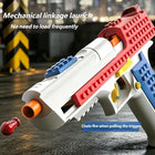 A toy blaster-style launcher shown at an angle on a dark studio-like surface, with overlaid marketing text explaining mechanical linkage launch and chain fire when pulling the trigger. The product is primarily white with red, blue, and yellow sections and an orange muzzle tip.