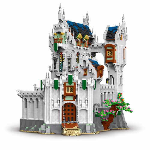 8603-piece white-stone medieval castle building-block set with blue roofs, stained-glass windows, green banners and flowering vines, front view on white background.