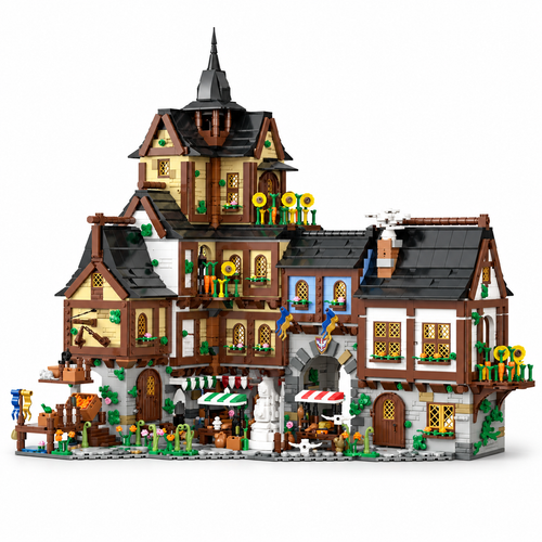 3867-piece medieval town building block model, front studio view