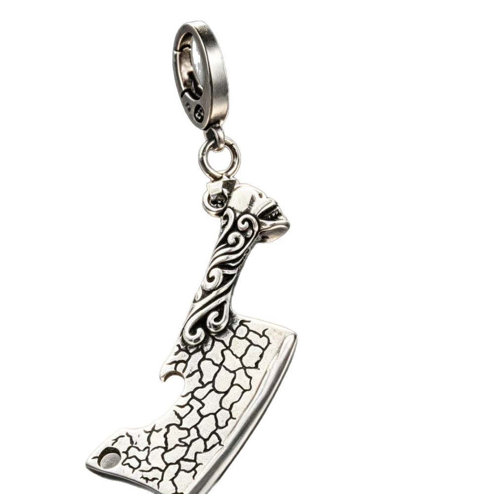Men's vintage stainless steel pendant keychain standing upright on a clean white background showing its antique finish.