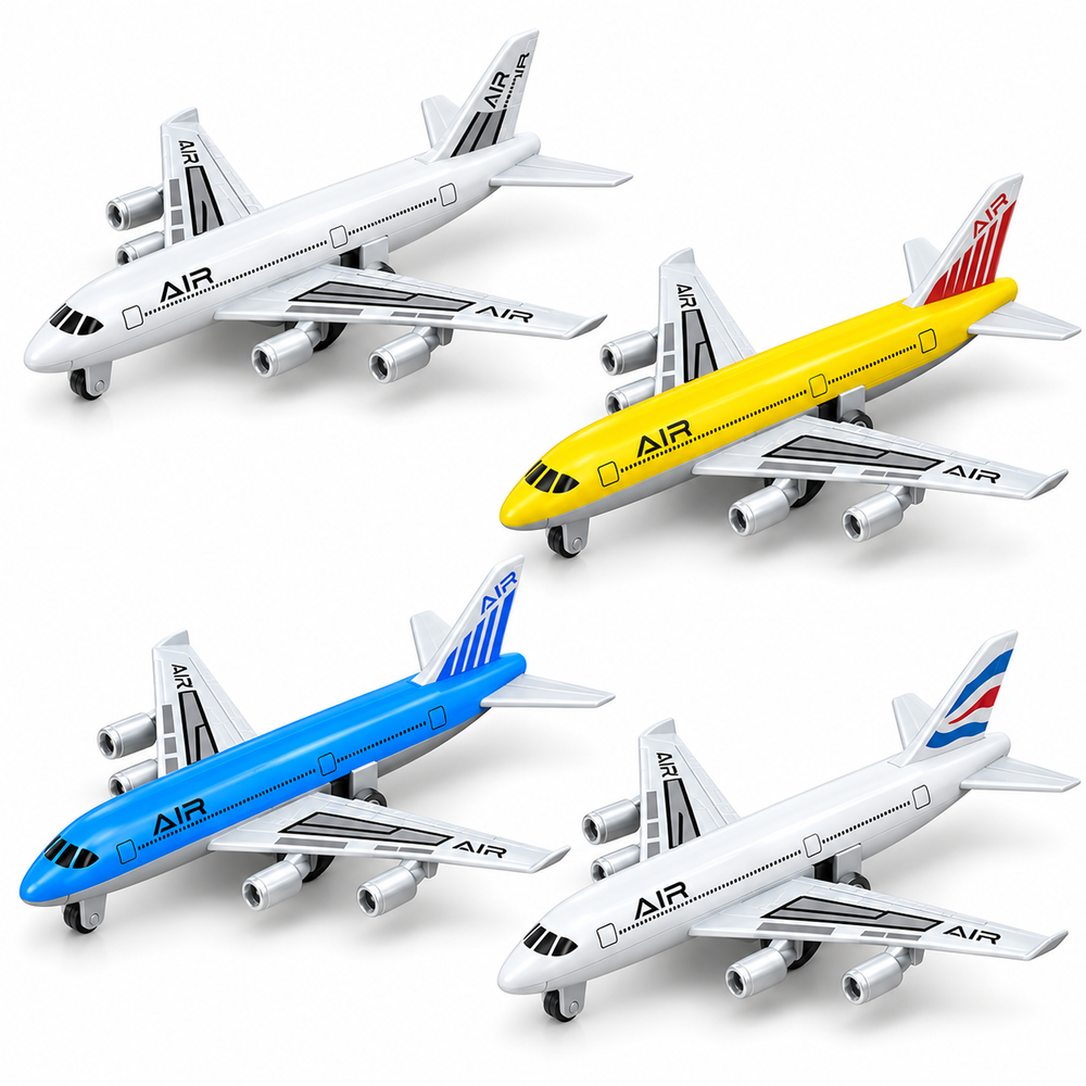 Four-color die-cast pull-back passenger airplane set arranged on a white studio background.