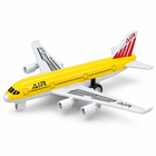 Close three-quarter view of the yellow die-cast passenger jet from the four-piece pull-back airplane set.