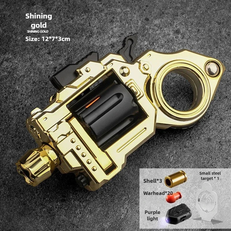 Gold metal revolver style fidget spinner ring with accessories and size details shown