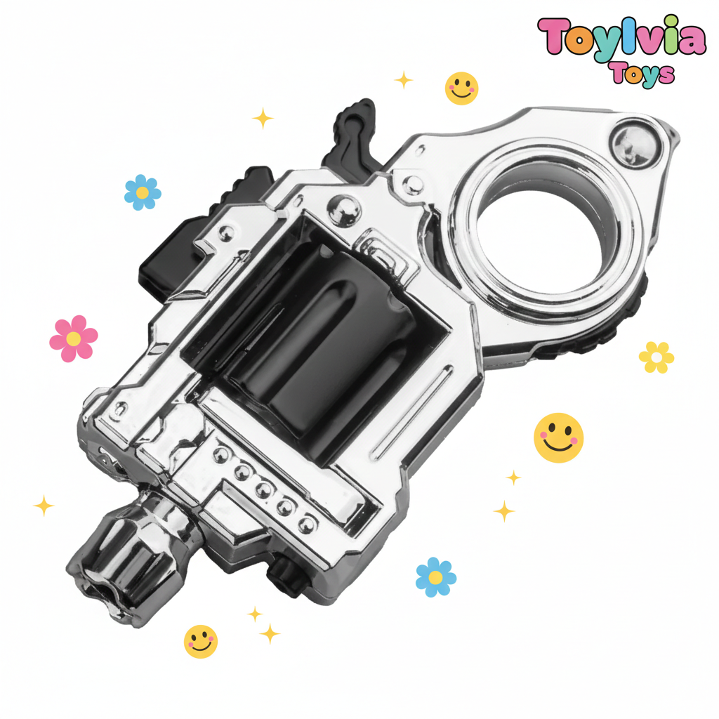 Toy figure part with transparent and metallic design on a white background with decorative elements. Main image