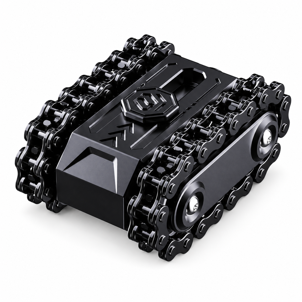 Black metal rotating tank fidget toy, horizontally flipped.