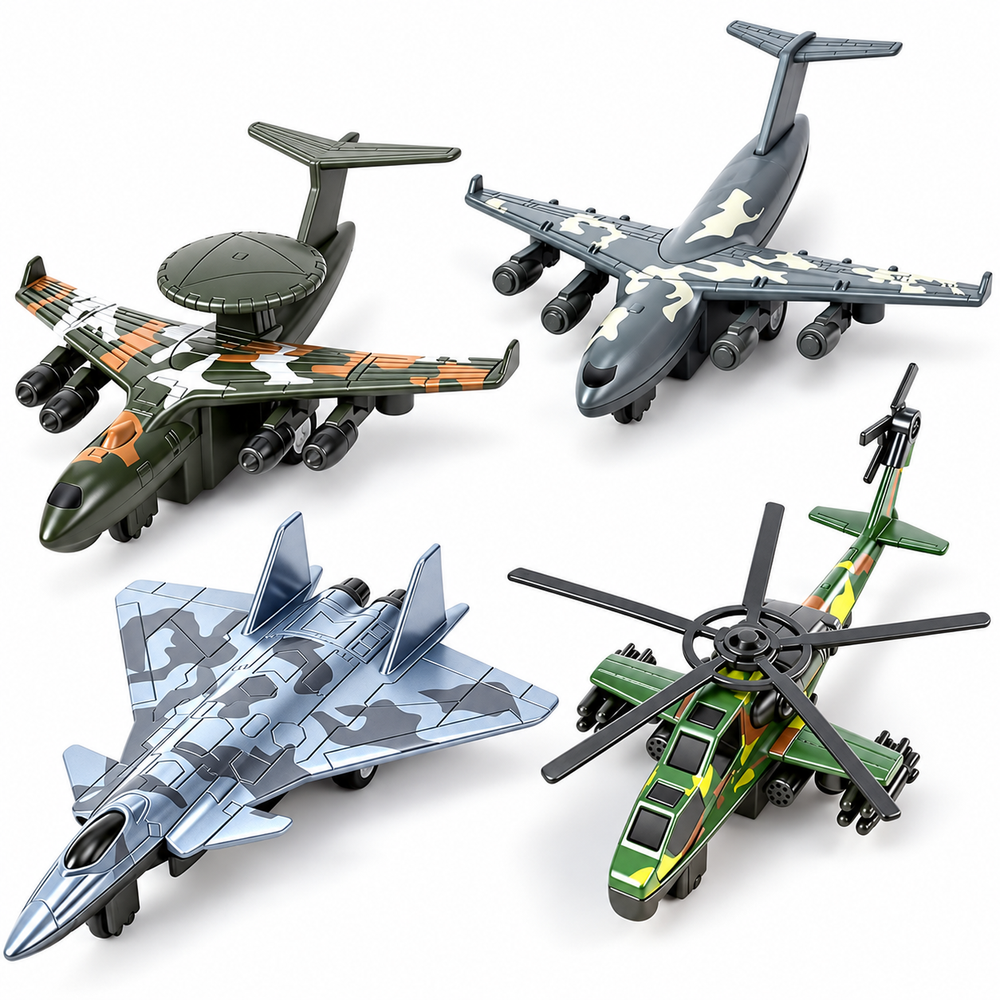Four-piece die-cast military aircraft set with radar-dome plane, transport aircraft, stealth fighter, and green helicopter on white.