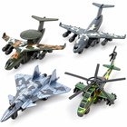 Four-piece die-cast military aircraft set with radar-dome plane, transport aircraft, stealth fighter, and green helicopter on white.