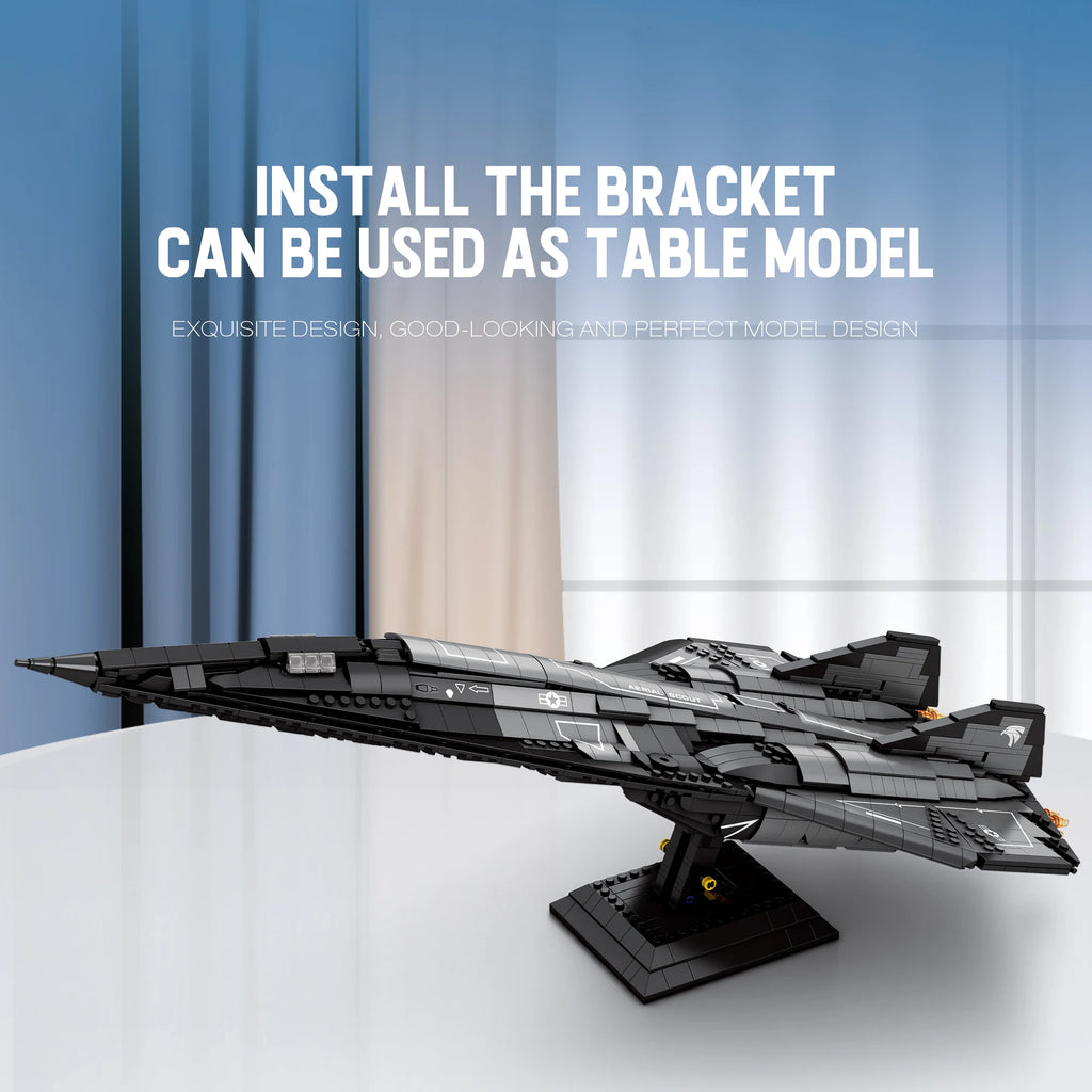 Model spaceship on a stand with text about bracket installation