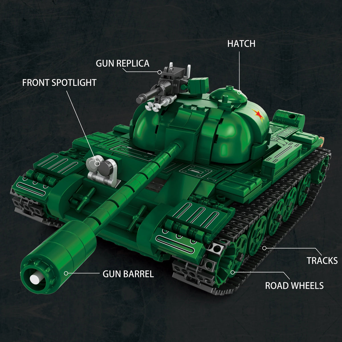 Green toy tank model with labeled parts on a dark background
