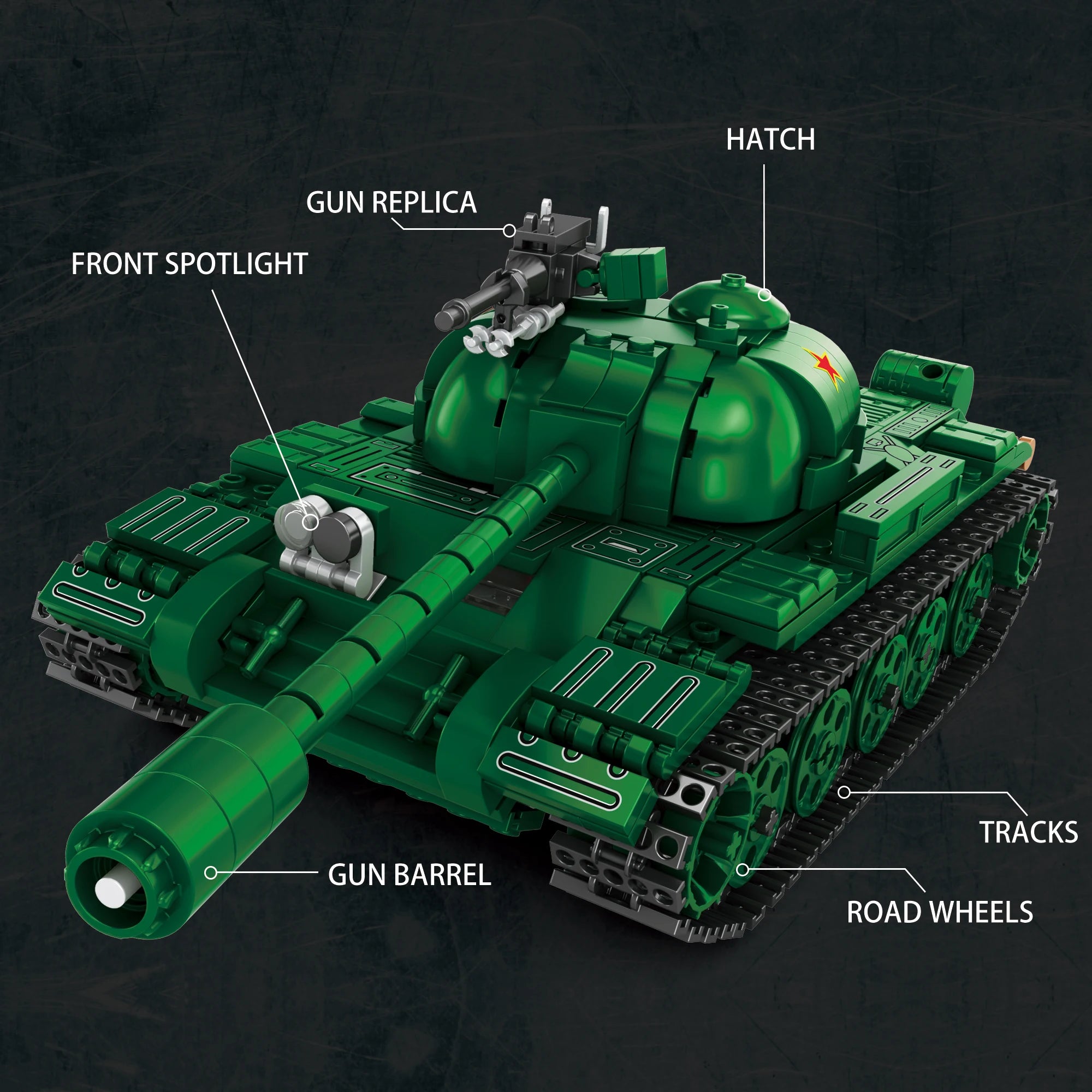 Green toy tank model with labeled parts on a dark background