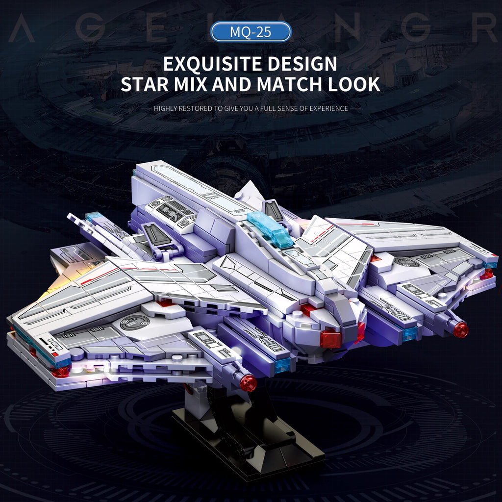 Toy spaceship model with intricate design on a dark background