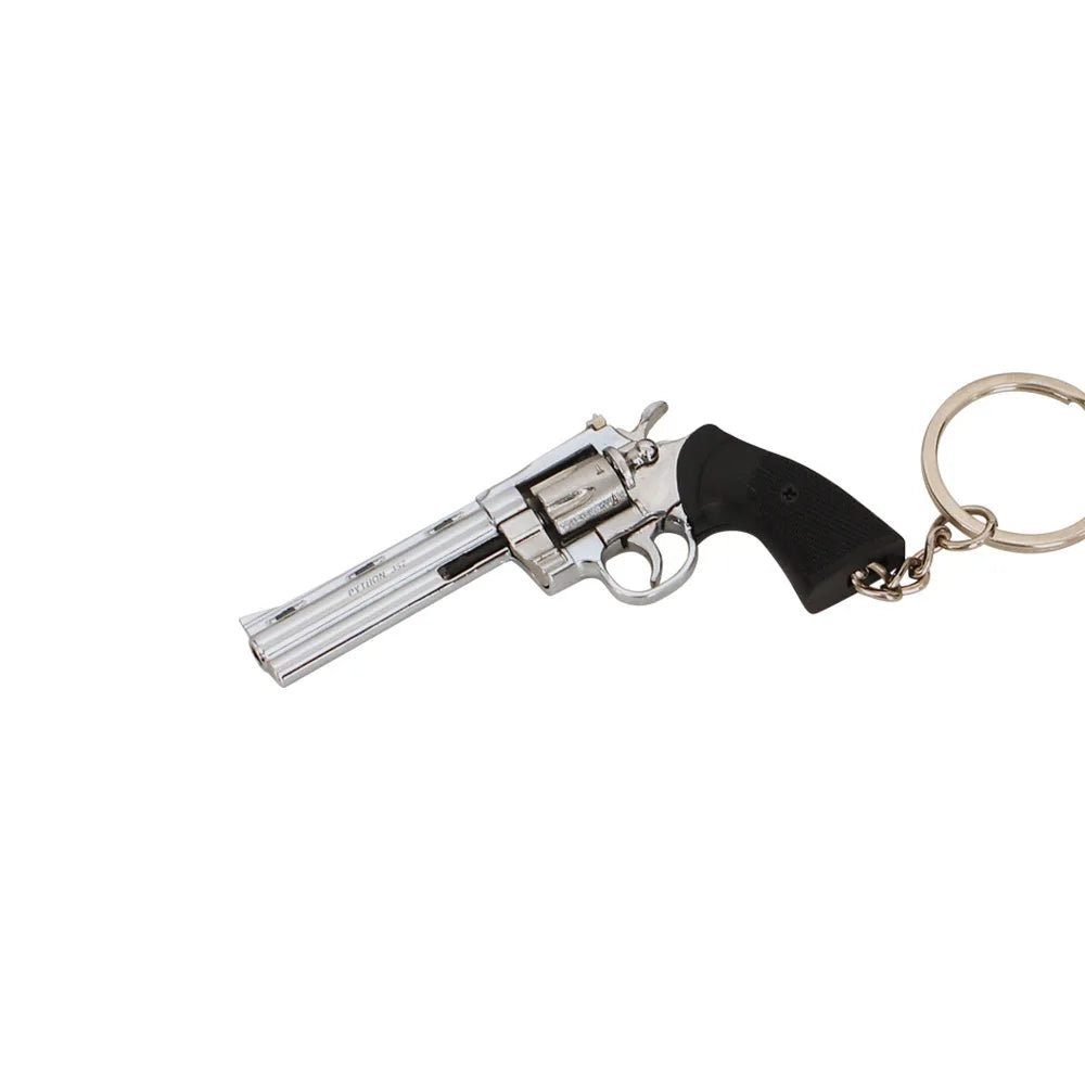 Silver alloy revolver keychain on white background – front product view