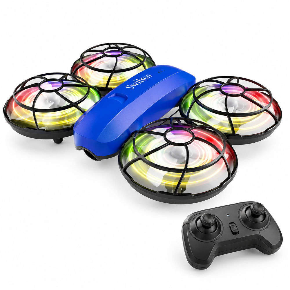 Blue mini camera drone with four illuminated rotor guards and matching remote controller on a white studio background.