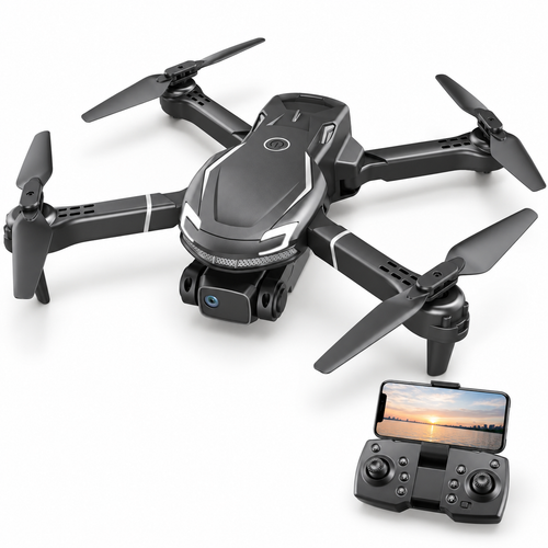 Dark gray shark-nose FPV mini quadcopter with matching phone-mounted controller at bottom right.