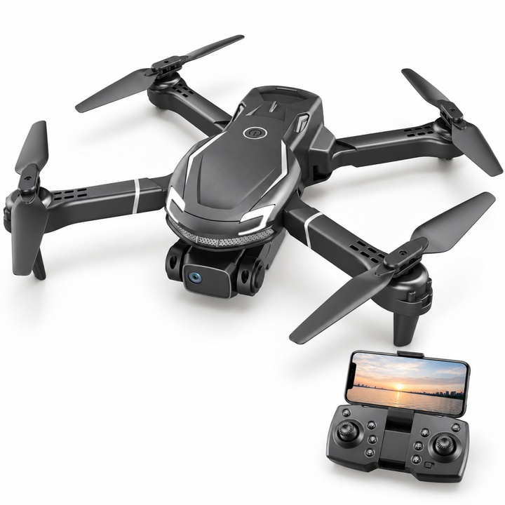 Dark gray shark-nose FPV mini quadcopter with matching phone-mounted controller at bottom right.