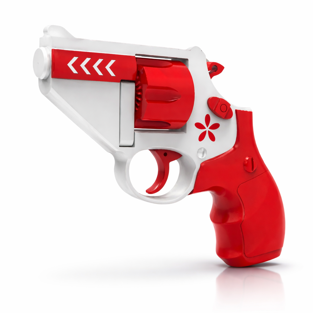 Mini rotating fidget blaster toy in red and white color isolated on a white background for desk stress relief