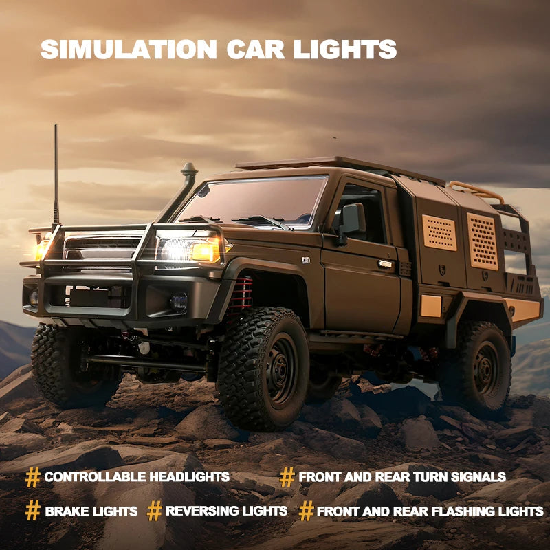 Off-road vehicle with simulation car lights on a mountainous landscape
