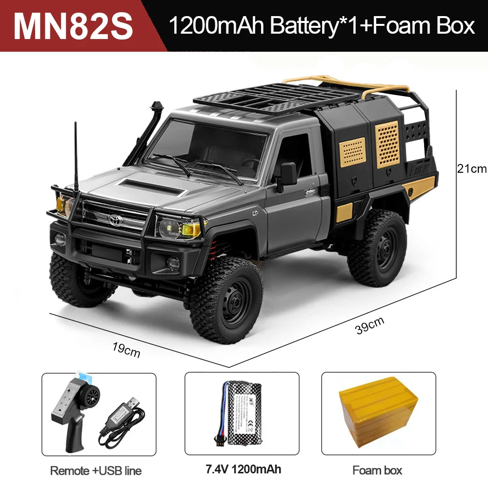 Model truck with 1200mAh battery and foam box packaging, featuring dimensions and accessories.