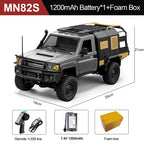 Model truck with 1200mAh battery and foam box packaging, featuring dimensions and accessories.