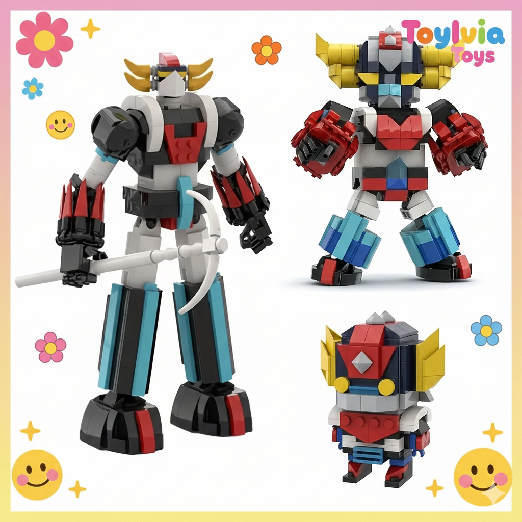 Three toy robots of different sizes on a colorful background with 'Toylivia Toys' branding. Main image