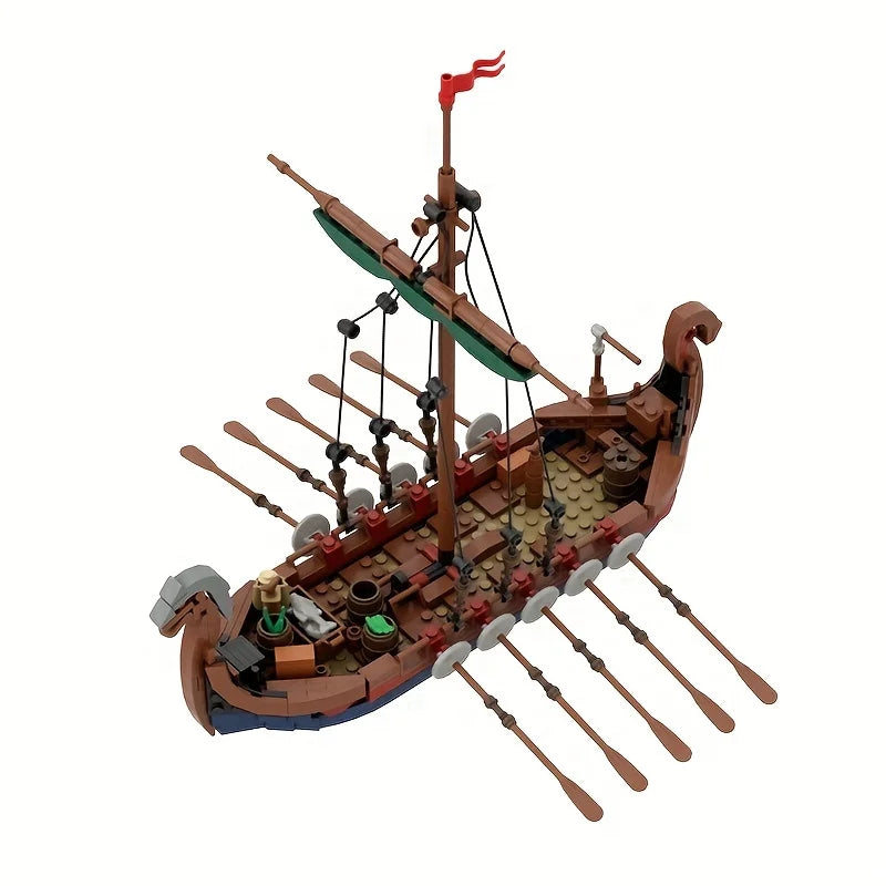 Angled view of MOC medieval Viking ship building blocks with detailed deck and oars, LEGO-compatible ocean adventure model by Toylvia