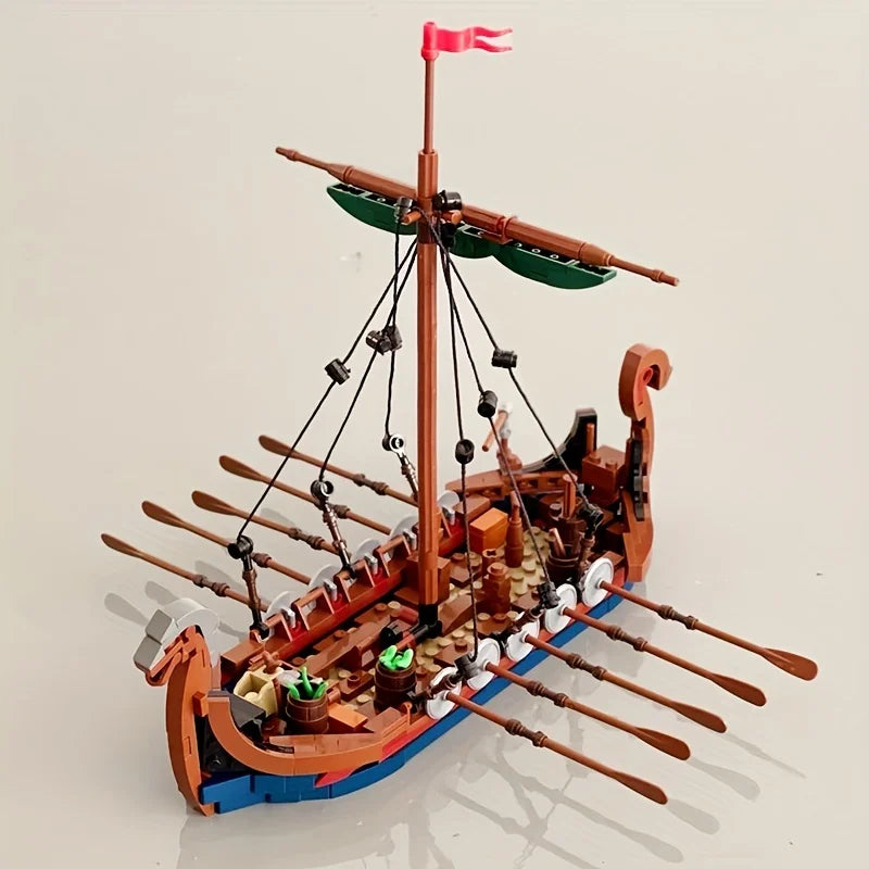 MOC medieval Viking ship building blocks model with sail and oars, 463-piece LEGO-compatible ocean adventure boat by Toylvia