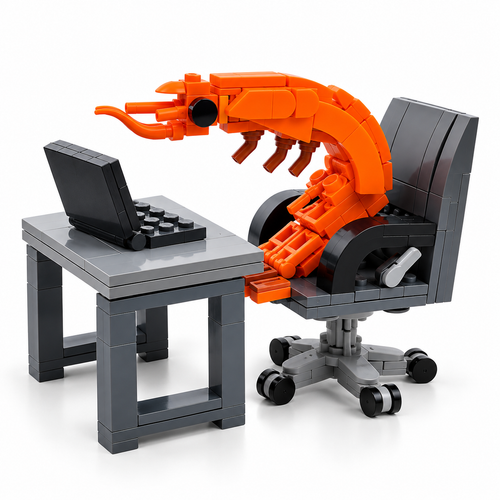 MOC Shrimp Building Block Set, horizontally flipped left-facing office scene