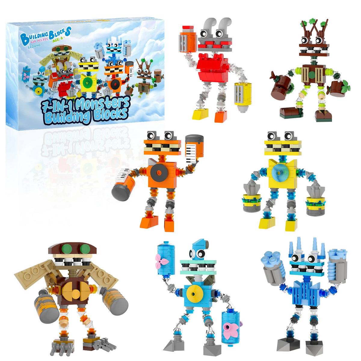 Set of building block figures with a box labeled '7-in-1 Monsters Building Blocks' on a white background.