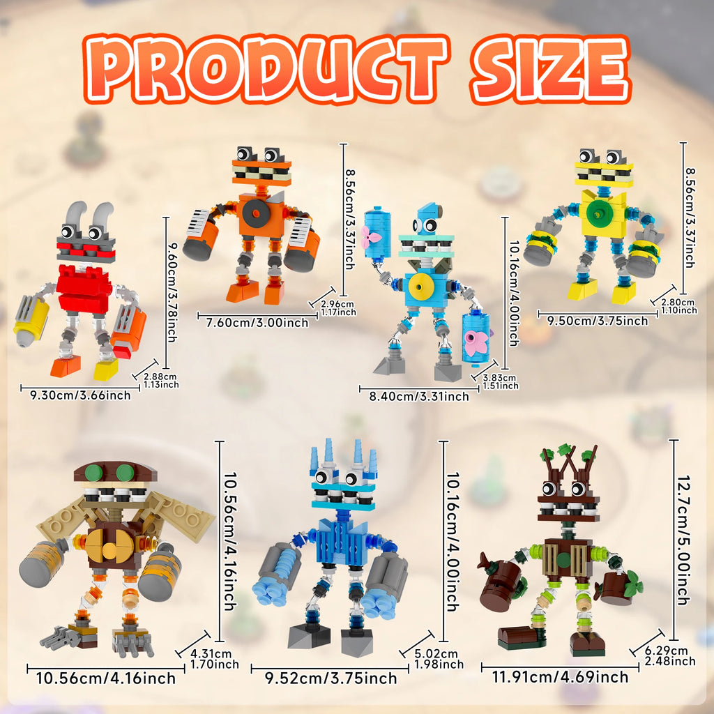 Product size chart of various robot-themed building block figures with measurements.