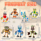Product size chart of various robot-themed building block figures with measurements.