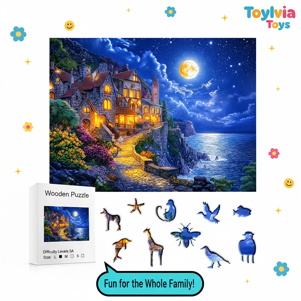 Wooden puzzle packaging with a scenic house by the sea illustration and toy figures. Main image