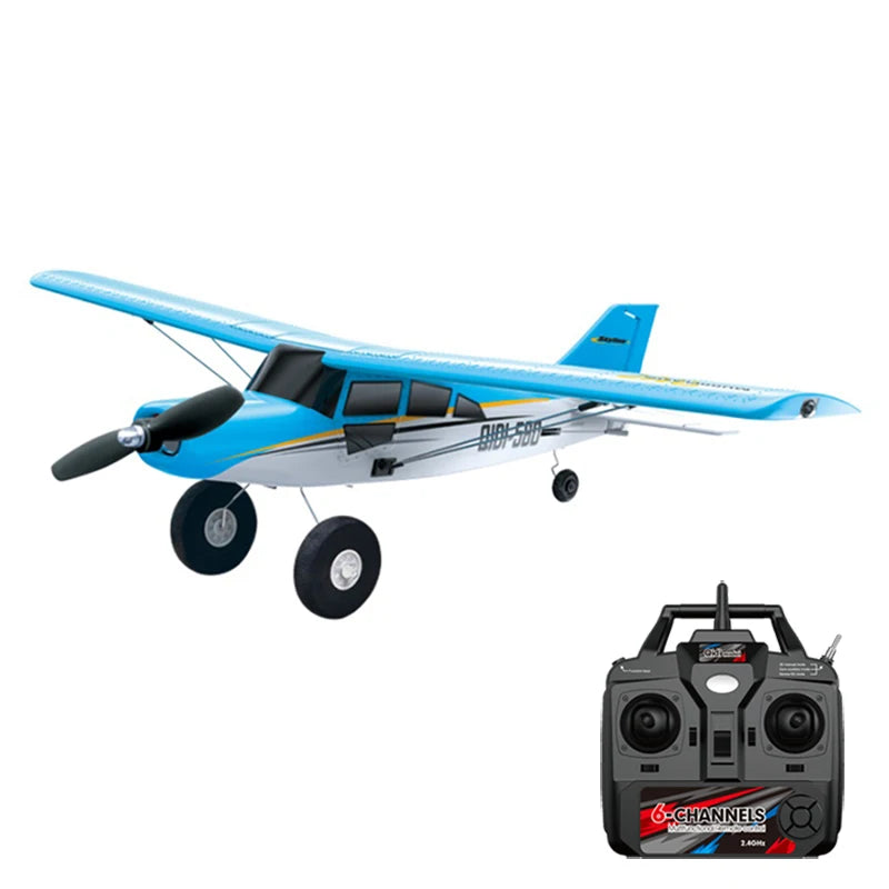 Model airplane with blue and white design and a remote control on a white background