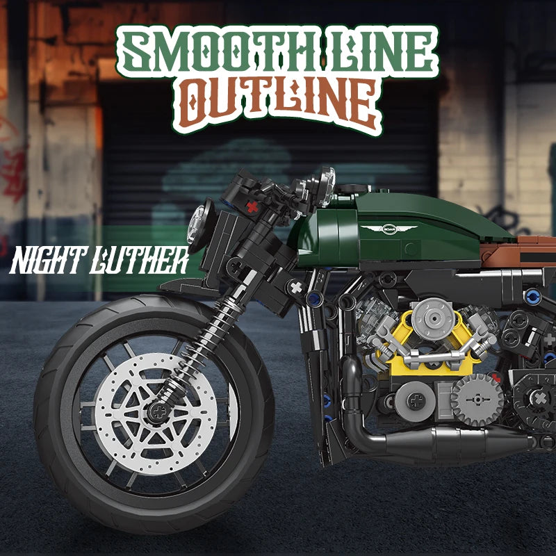 Model motorcycle with intricate details on a dark background, featuring the brand 'Smoothline Outline'.