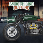 Model motorcycle with intricate details on a dark background, featuring the brand 'Smoothline Outline'.