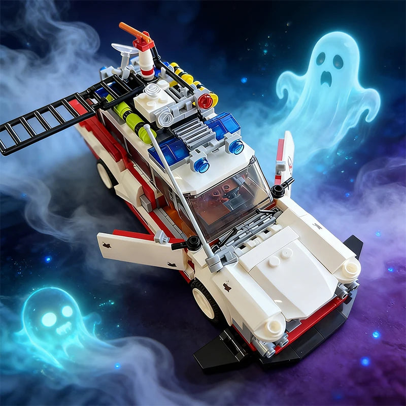 Toy fire truck model with ghostly figures in the background