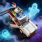 Toy fire truck model with ghostly figures in the background