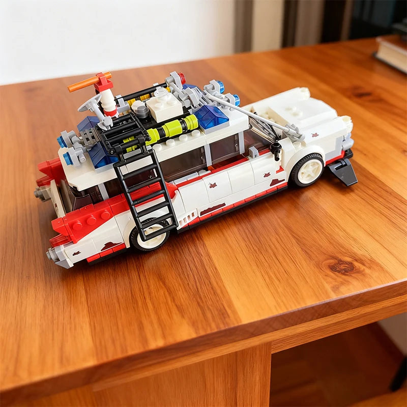 LEGO model of a fire truck on a wooden surface