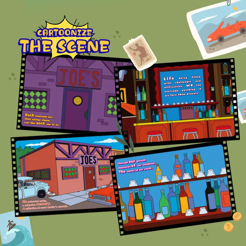 Cartoon-style depiction of a bar scene with various elements on a green background.