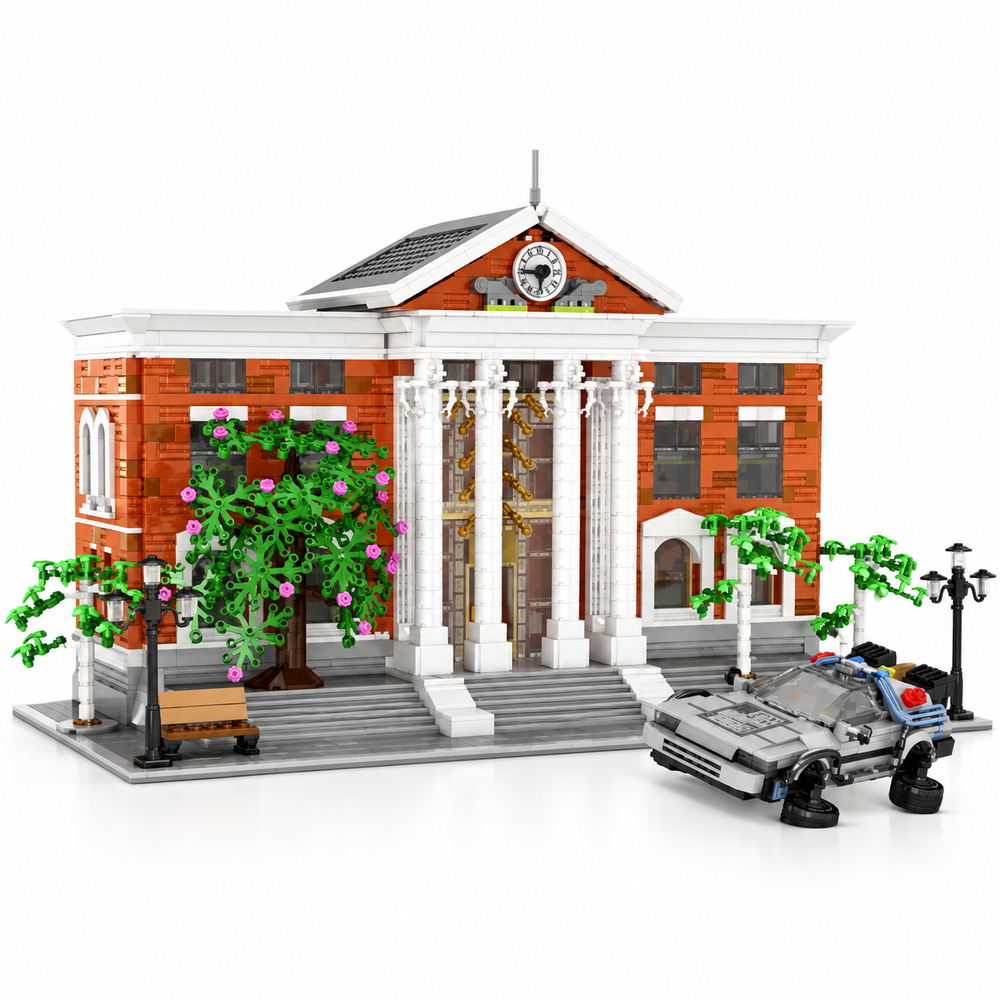 Movie Valley Court building-block set in a white studio with clock facade and car
